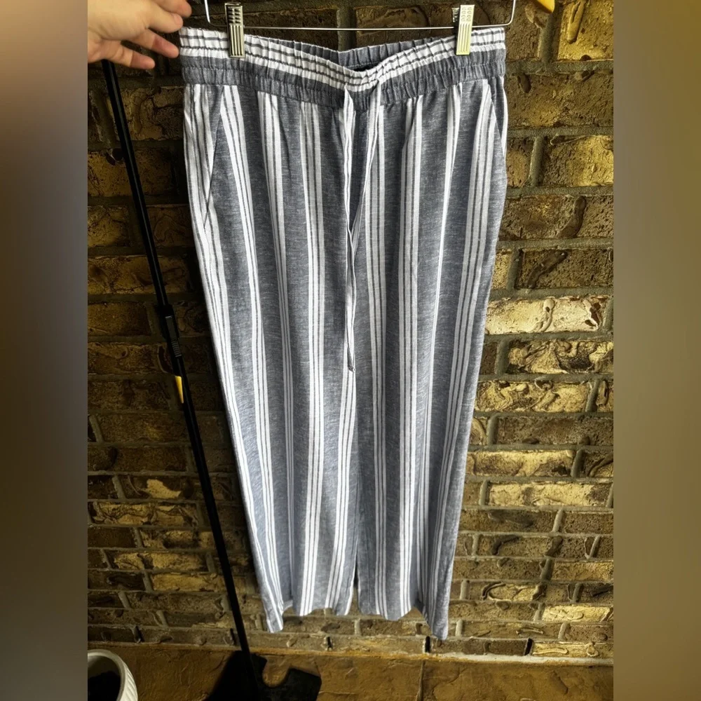 ZARA Linen Blend Striped Wide Leg Pants Blue White Drawstring Size M